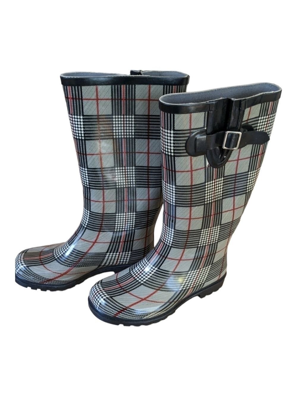 NOMAD Puddles black, white and red plaid rubber boots, size 7